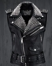 Men Leather Jacket Punk Rock Studded Long Spiker Genuine Cowhide Leather Jacket