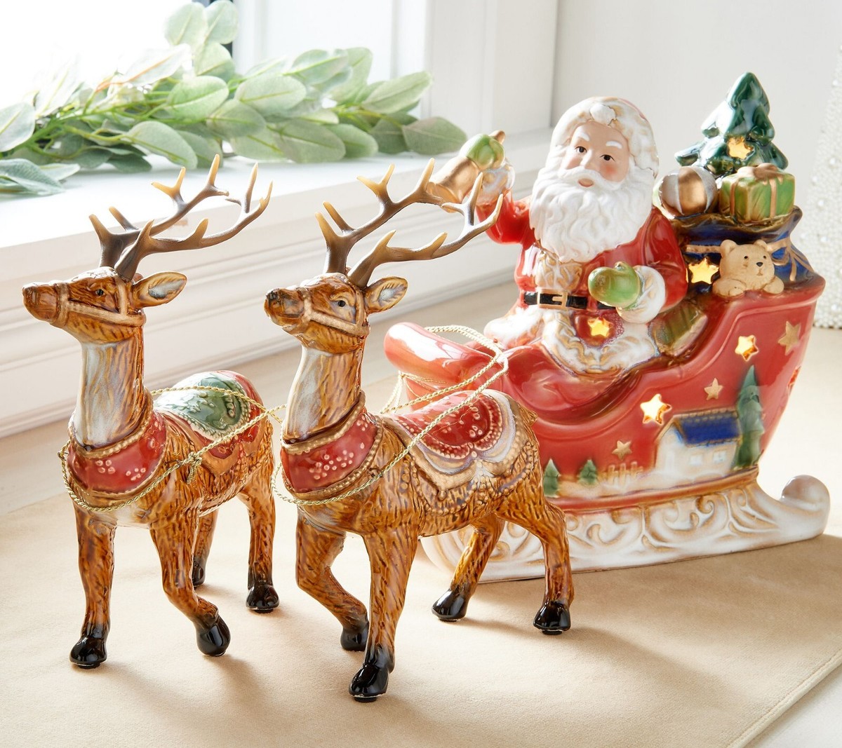 3-Piece Illuminated Porcelain Santa in Sleigh by Valerie Parr Hill