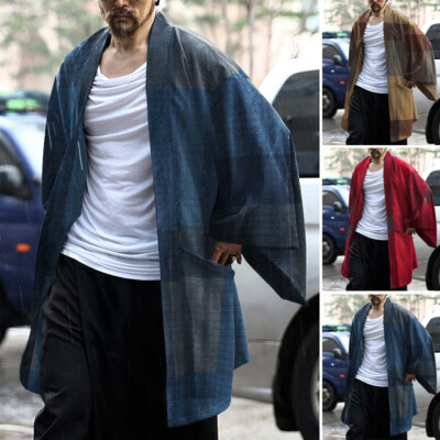 Men's Japanese Cotton Cardiganchecked Kimono Baggy Yukata Coats Cape Open Fron