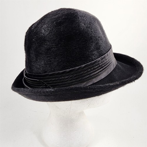 Vintage Norman Durand Womens Black Hat Felt Long Fur Ribbon Grevi Italy - Picture 4 of 9