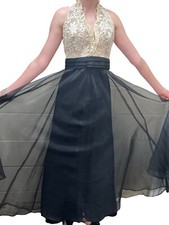 XS S Vtg 70s Gown Cream Lace Maxi Party Dress Black Chiffon Jack Bryan Dupuis