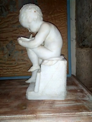 Enfant  cherubin sculpture en albatre marbre blanc par Canova C.1900 h:43cm - Photo 1/4