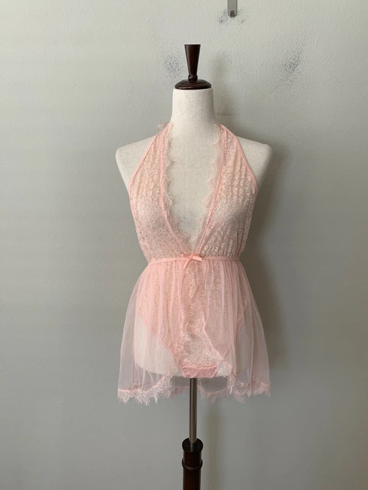 Dreamgirl Sz OS с бретелью через шею погружения кружева плюшевый с прикрепленный Flyaway юбка розовый 11513 - Изображение 3 из 4