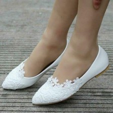 Women Ballet Flats White Lace Wedding Shoes Flat Heel Casual Shoes Pointed Toe h