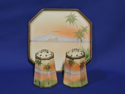 C 1921 Noritake Morimura Bro's Porcelain S & P Set Hand Painted With Underplate