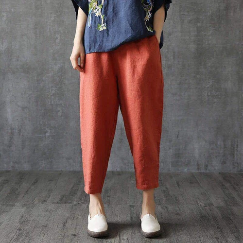 Pantalon court femme coton lin ethnique été poche pantalon fin décontracté - Photo 3/22