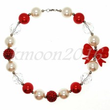 Fashion Women Pretty Red Bow Chunky Beads Kids Gumball Bubblegum Necklace Gift