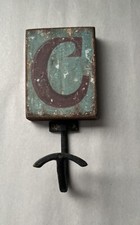 Rustic Letter C Wooden Block With Metal Hanger Hook 6"X2.5"