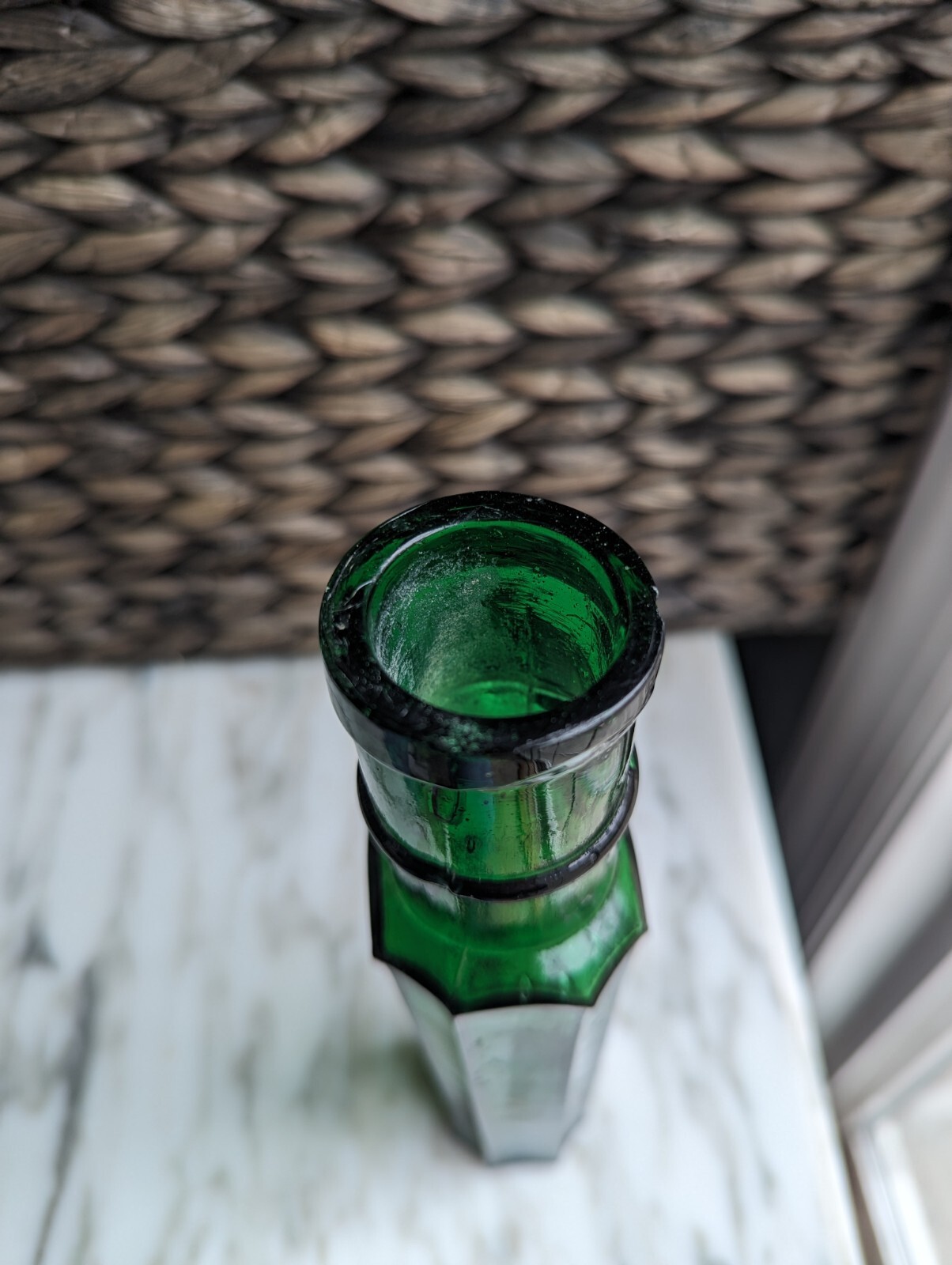 Antique Emerald Green Capers Bottle , 8" Tall 1890's Bim Nice Condition