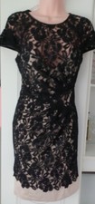 New LIPSY Size 10, BLACK & NUDE GATHERED WAIST OVERLAY LACE DRESS, bodycon,BNWT 