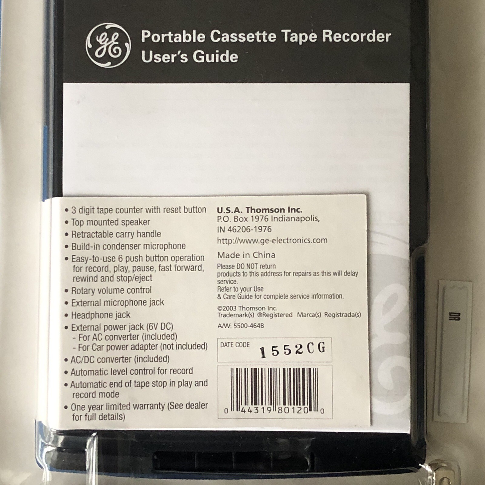 GE 35027 Cassette Recorder Player Portable New Sealed Includes AC/DC