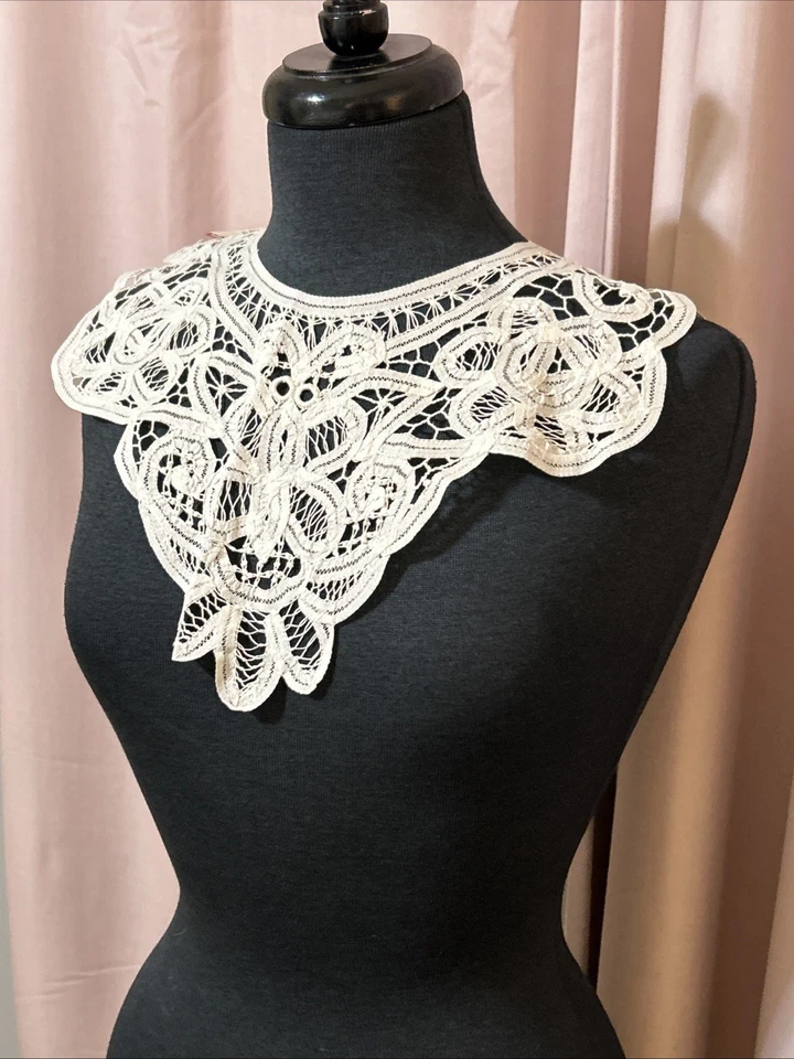 Collar de encaje con cinta Battenburg antiguo vintage blanco Annie mariposa hecho a mano Foto 3 de 4