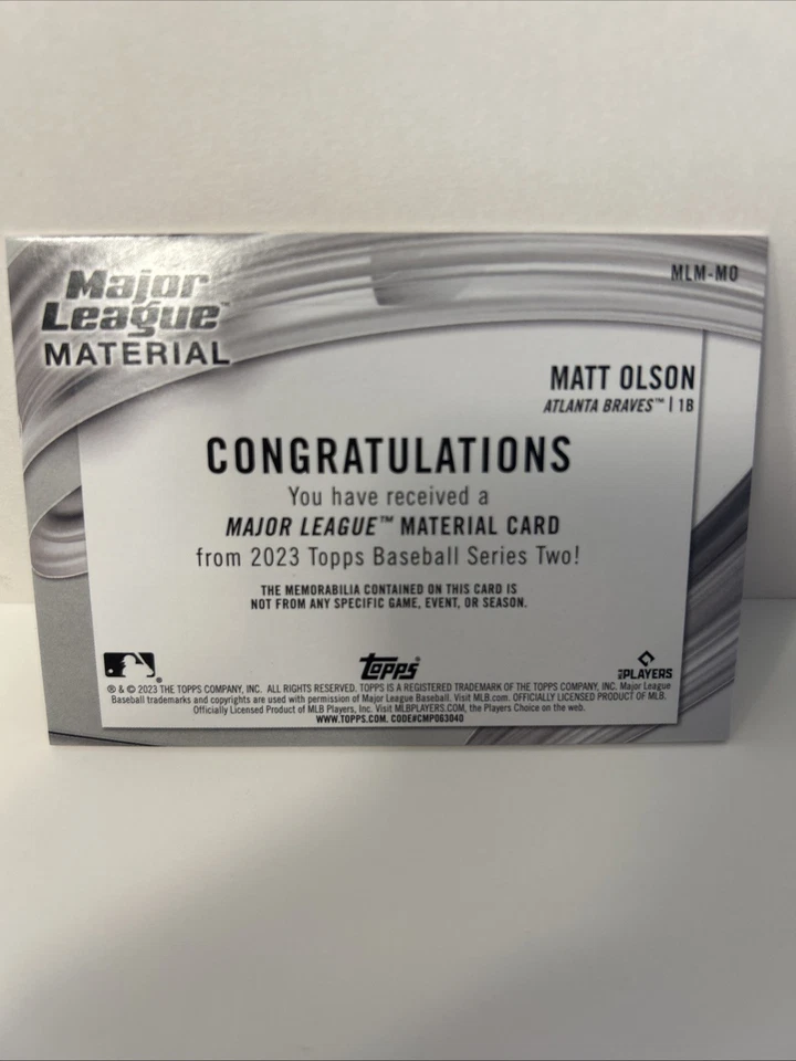 2023 Topps Series 1 Major League Material #MLM-MO Matt Olson Atlanta Braves - Image 2 of 2