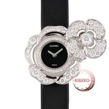 Chanel Camellia Watch J11460 18K White Gold 24mm Black Dial Quartz #RBW083