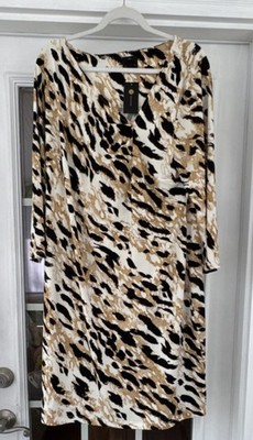 JM Collection Beige Black Animal Print Knit Shift Dress V-Neck XL
