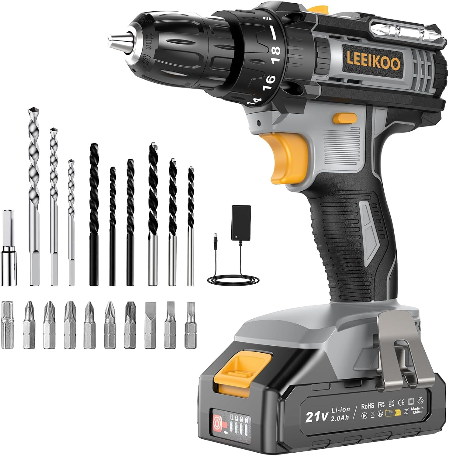 Trapano Avvitatore a Batteria 21V, Con 1 Batteria 2,0Ah, 42N.M