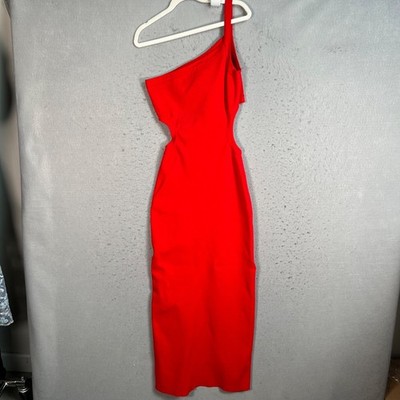 Emory Park Womens M Red One-Shoulder Midi Dress W/ Cutouts & Back Slit Bodycon