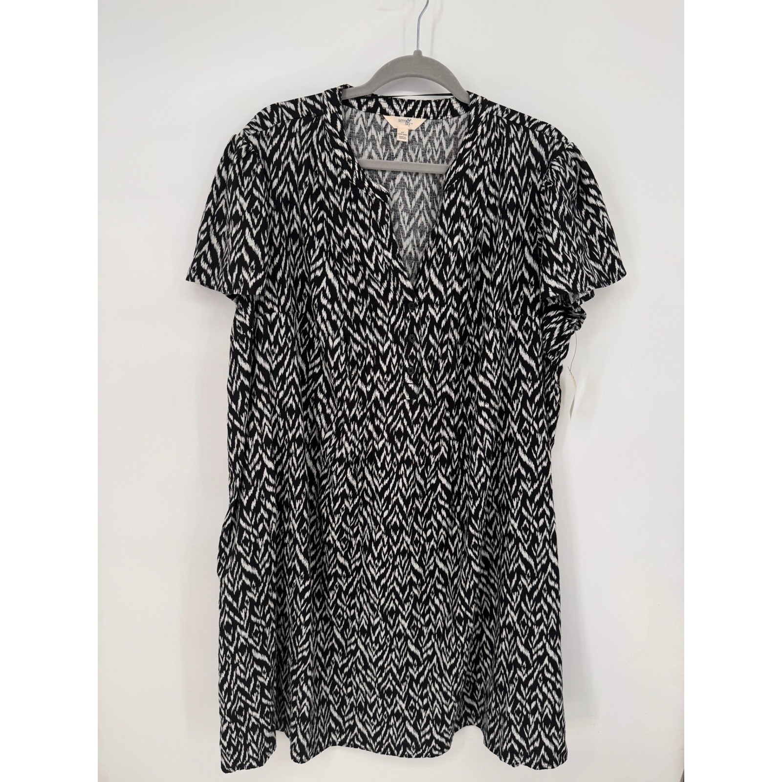 Terra & Sky Flutter Sleeve Dress Women 1X Black White NEW Linen Blend Ikat Shift