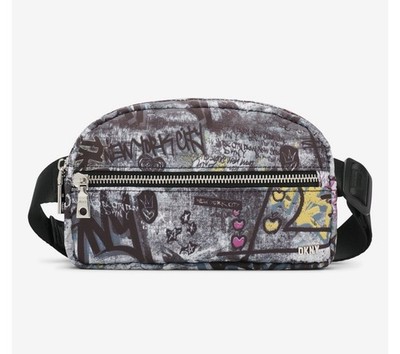 DKNY Bodhi Belt Bag featuring a graffiti print and silver-tone hardware. 