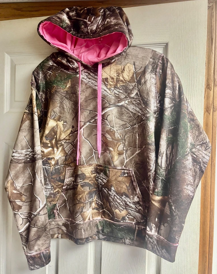 Youth MED Girls REALTREE CAMO w/ Pink Outdoor Pullover Casual Sweat Shirt Hoodie - Image 2 of 4