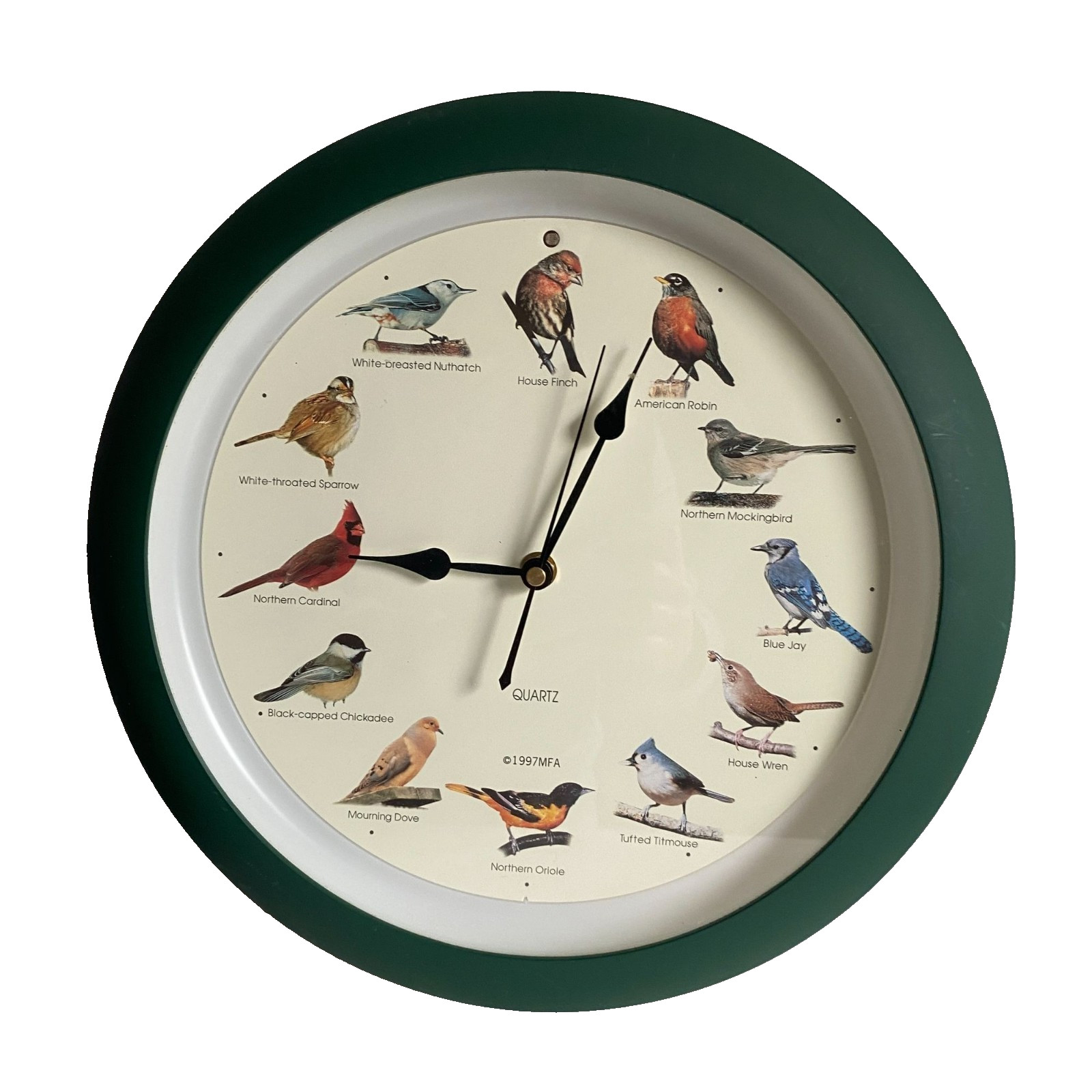 1997 MFA Singing Bird Clock 12" Green Frame Quartz Wall Clock With Bird Sounds