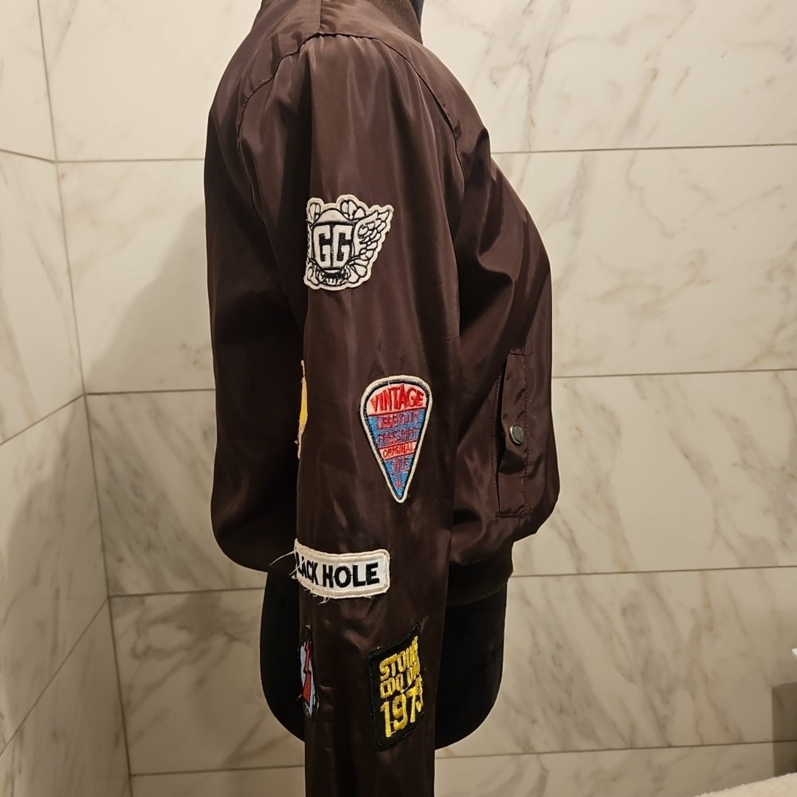 365.5 Brown Bomber Jacket Small Patchwork Patches… - image 2