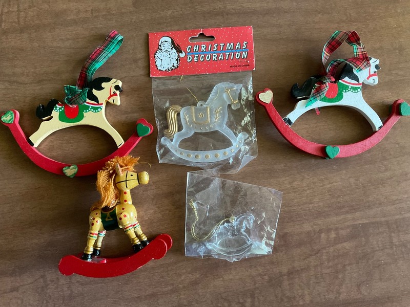 Vintage Lot of 5 Rocking Horse Christmas Ornaments Folk Art Country H. Adler