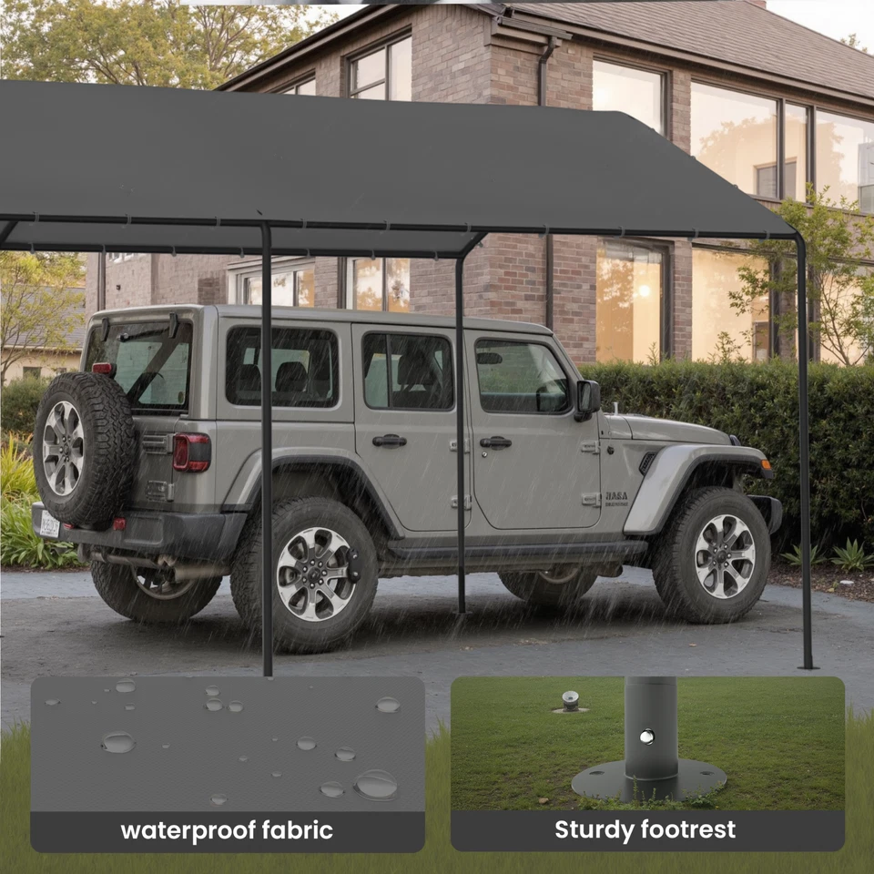 10‘ x 20’ Heavy Duty Grey Garage All-Season Outdoor Carport Car Canopy with Tarp - Image 2 of 4
