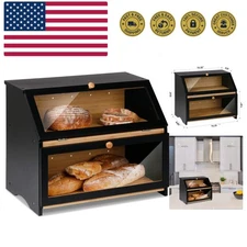 Double Layer Large Bread Box for Kitchen Counter, Wooden Large Capacity Bread...