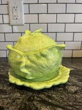 Vtg 1977 Holland Mold Green Cabbage Leaf Covered Ceramic Bowl & Underplate