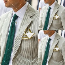 Seersucker Striped Men's Suits Wedding Groomsmen Tuxedo Summer Casual 2 Pieces
