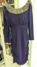 Sherri Hill Purple Sheath Dress Beaded Rhinestone Scoop Neck 3/4 Sleeve 2