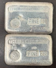 Vintage 2 10 Oz .999 The Perth Mint Silver Poured Bars With Consecutive Serial #