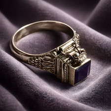 Art Deco Rare Poison Ring - Sterling Silver Ring with Amethyst - Size 49