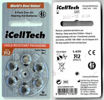 60 iCellTech Size 312 PR41 P312 MF Zinc Air Hearing Aid Batteries Expires 2029