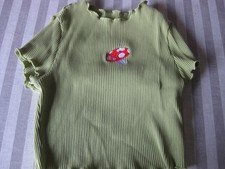 Shirt T-Shirt Kurz Ripp Damen Gr. XS/S Grün mit Stickerei elastisch