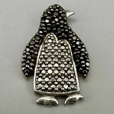 Penguin Pendant Black & Clear Crystals Pave Design Signed FAS Sterling Silver