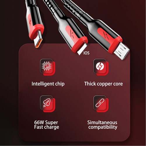 USB Charging Cable 3 In 1 Multi Head Charger for Most Devices For iPhone Samsung - Zdjęcie 7 z 12