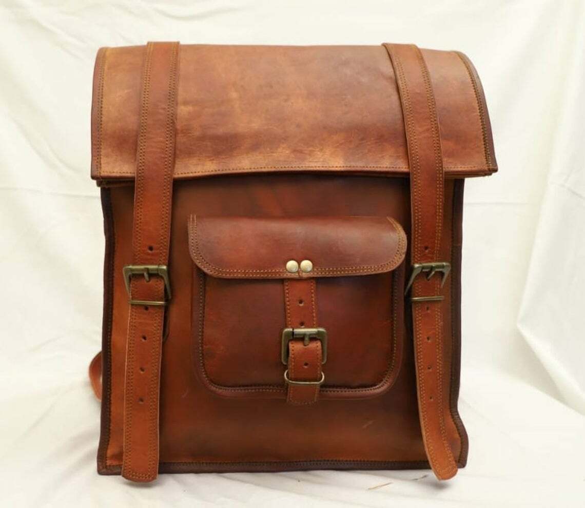 Goat Leather Backpack Bag Laptop Rucksack Vintage Brown Men Genuine S Travel New