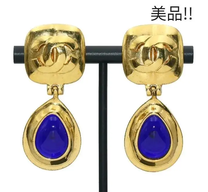 Vintage CHANEL Gold CC Logo Blue Glypore TearDrop Earrings Used From Japan