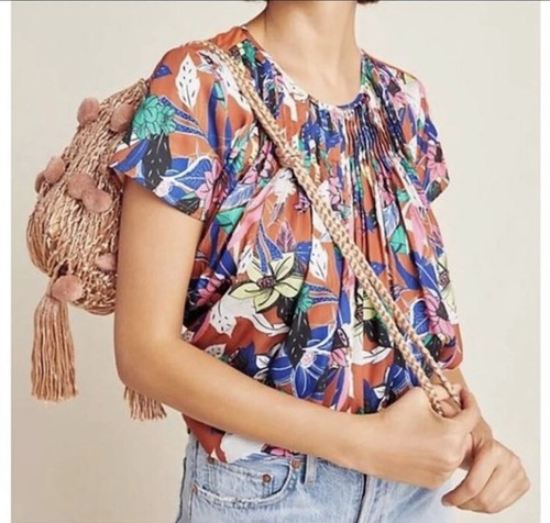 Anthro Dolan Left Coast Collection Pilar Pleated Floral Top Terra Cotta Sz XS - Picture 10 of 10