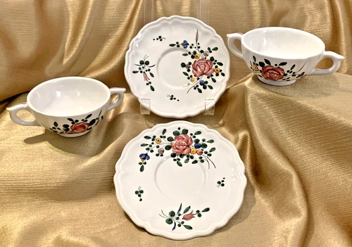 Deruta Italy VTG 2-Handle Majolica Tea Cup & Saucer 4pc Set Hand-Painted Floral