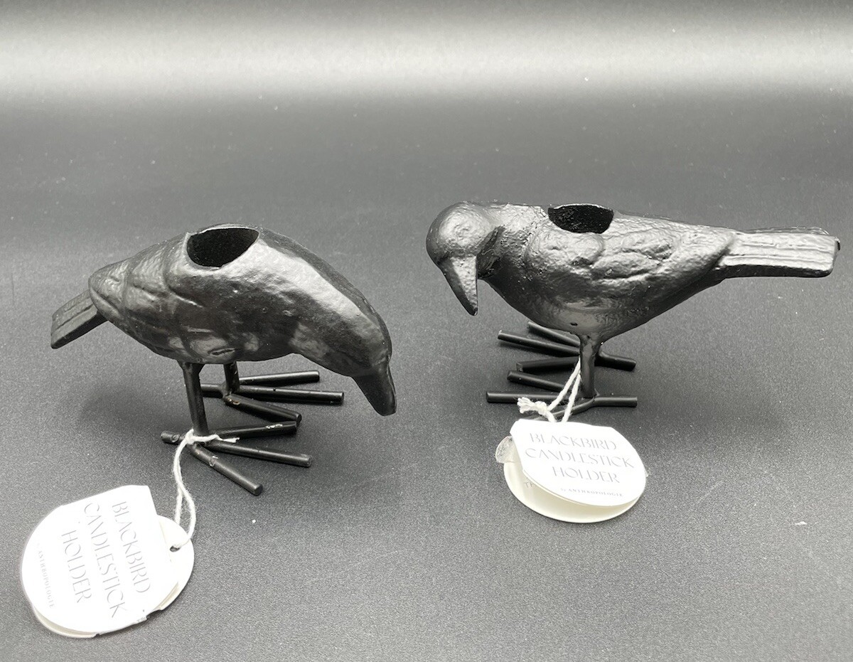 Anthropologie Black Bird Crow Metal Candle Holders Set Of 2 Taper