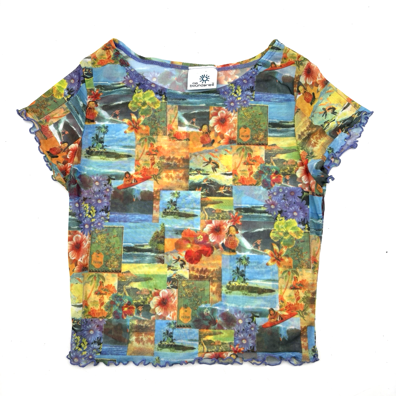 Vintage 90s No Boundaries Hawaiian Collage Ruffle Hem Cropped Mesh Top Jr XS