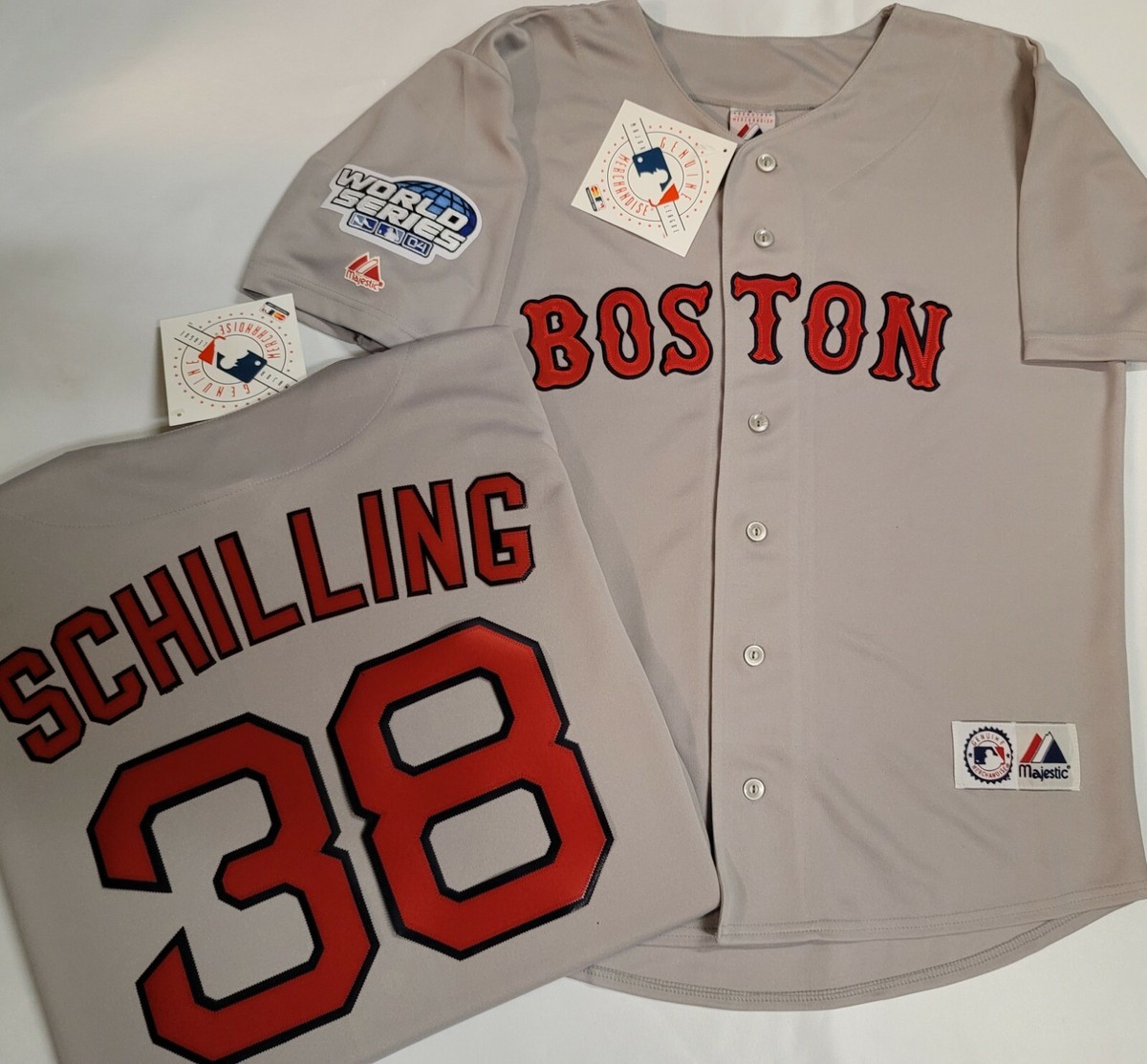 Majestic Boston Red Sox CURT SCHILLING 2004 World Series Baseball JERSEY  GRAY