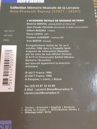 Tapray oeuvres concertantes CD keyboard quartets sonate - Picture 4 of 4