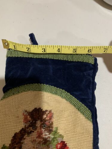 Unbranded Blue Velvet Lined Christmas Stocking w/ Kitten & Holly Needle Point - Picture 6 of 6