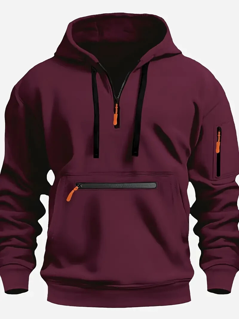 Men's Solid ColorHalf-Zip Design Long Sleeve Casual Hooded
