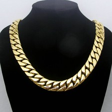 Men's Heavy Cuban Curb Chain Link Necklace Stainless Steel 20mm Wide Gold Plated