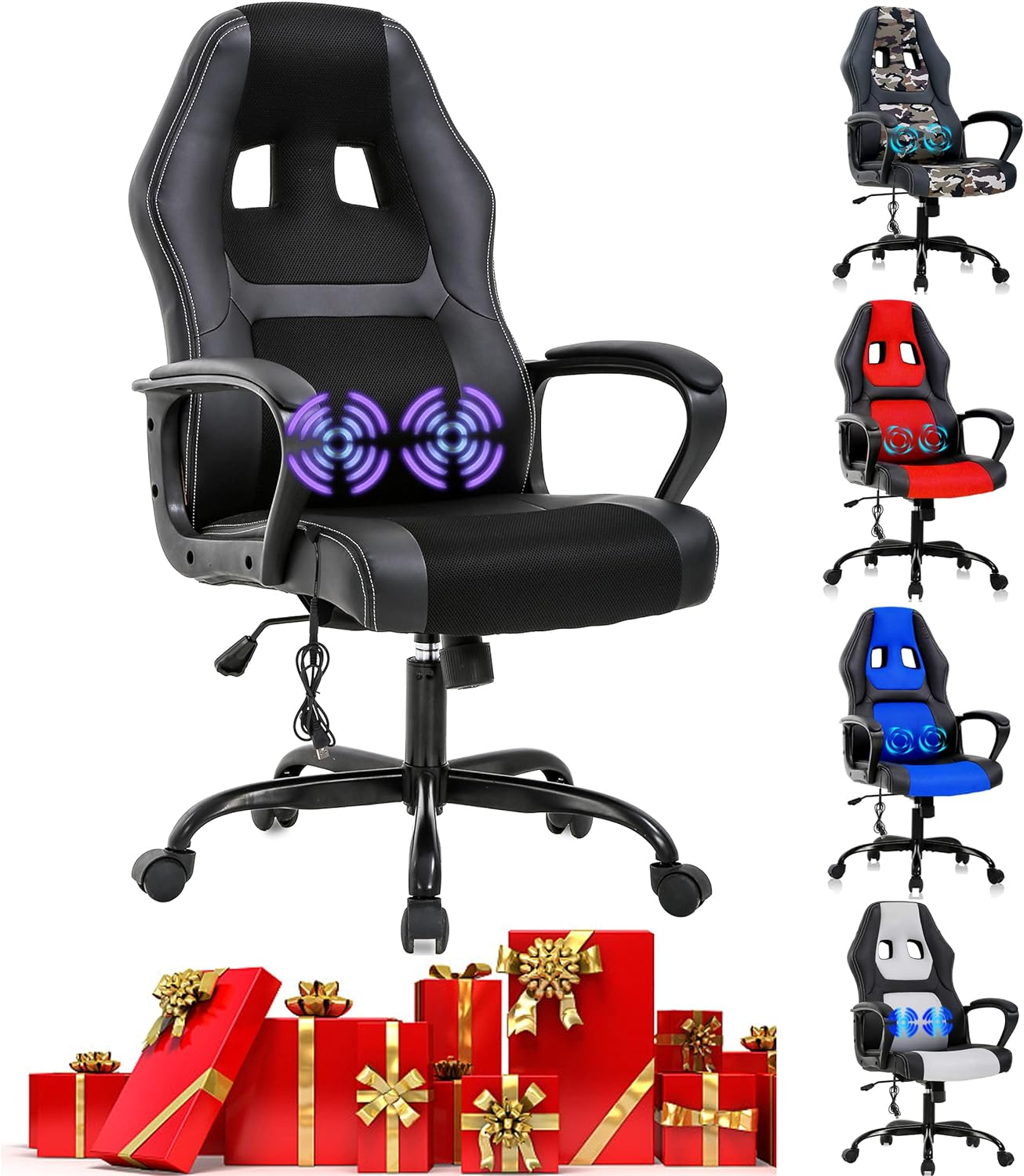 Ergonomic PU Leather Gaming Chair with Massage and Adjustable Features for PC or Office-image